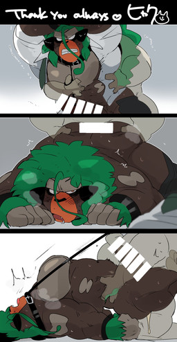 anal anal_penetration anthro blush blush_lines bodily_fluids brown_body brown_fur butt butt_grab censor_bar clothed clothing collar cum cum_from_ass cum_in_ass cum_inside dominant dominant_human dominant_male duo faceless_character faceless_human faceless_male fur genital_fluids genitals gradient_background grey_body hand_on_butt ineffective_censorship interspecies leaf leaf_hair leaking_cum leash leash_pull leashed_collar looking_pleasured lying male male/male male_penetrated male_penetrating male_penetrating_anthro male_penetrating_male multicolored_body muscular muscular_anthro muscular_male necktie obscured_penetration obscured_sex on_back on_front on_ground open_clothing open_mouth open_shirt open_topwear pec_grab pecs penetration penile penile_penetration penis plant plant_hair pokephilia pseudo_hair sex shirt side_view simple_background table_lotus_position topwear white_background hyaku_(artist) nintendo pokemon generation_8_pokemon human mammal pokemon_(species) rillaboom 2022 censored comic digital_media_(artwork) hi_res