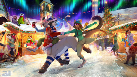 4_toes 5_fingers anthro aurora_(phenomenon) biped blonde_hair blue_eyes bottomwear breasts brown_body brown_fur brown_hair brown_tail claws clothed clothed_anthro clothed_female clothed_male clothed_taur clothing eye_contact eyes_closed feet female fingers fully_clothed fully_clothed_anthro fully_clothed_female fully_clothed_male fur gloves green_eyes green_horn grey_body grey_fur grey_hair group hair handwear hat headgear headwear holding_object horn ice ice_skates inner_ear_fluff jacket looking_at_another looking_up male markings night open_mouth open_smile outside pants pink_eyes red_eyes red_hair sitting sky smile snow snowing spots spotted_body spotted_fur standing star sweater tail teeth toe_claws toes tongue topwear tuft white_hair white_horn wing_claws wings winter yellow_body yellow_fur araivis-edelveys shorttail canid canine chakat felid felid_taur feline mammal mammal_taur taur 2025 character_request digital_drawing_(artwork) digital_media_(artwork) hi_res