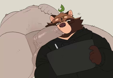 anthro balls barazoku distracted distracted_sex duo erection fellatio fupa gaming genitals male male/male moon navel nipples oral overweight penile penis penis_in_mouth sex roseonapot canid canine mammal raccoon_dog tanuki animated no_sound short_playtime video