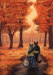 anthro autumn background_shot duo female love male male/female park plant romantic romantic_couple tree dolar fatunicorn canid canine canis domestic_dog felid mammal pantherine hi_res warm_colors