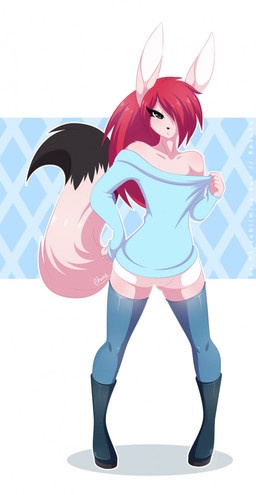anthro black_eyes blush boots bottomwear clothed clothing crossdressing femboy footwear fur hair hotpants legwear long_hair long_tail looking_at_viewer male pink_body pink_fur red_hair shirt shoes shorts shoulderless_shirt simple_background solo standing stockings sweater tail thigh_highs topwear re-sublimity-kun canid canine fox hybrid lagomorph leporid mammal rabbit 2015 digital_media_(artwork) hi_res