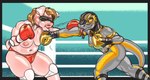 anthro areola bodily_fluids boxing boxing_gloves breast_punch breasts brown_hair clothed clothing covered_eyes curled_tail duo elbow_pads eyelashes female fighting_ring forked_tongue grey_body grey_scales hair handwear knee_pads lucha_libre_mask mask nipples pink_body pink_skin punch saliva scales slightly_chubby sport sports_mask sportswear tail thick_thighs thong tongue tongue_out topless underwear wrestling_mask yellow_body yellow_scales yellow_sclera dcheese domestic_pig mammal reptile scalie snake suid suine sus_(pig) 2022 digital_media_(artwork) hi_res