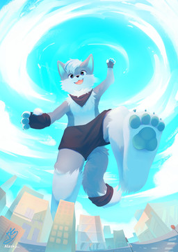 anthro biped black_bottomwear black_clothing black_eyes black_gloves black_handwear black_kerchief black_shorts blue_eyes bottomwear city clothing fingerless_gloves fur gloves grey_body grey_fur hair handwear kemono kerchief macro male shorts shota slim_anthro slim_male solo white_body white_fur white_hair young young_anthro young_male fur_alasky canid canine canis mammal wolf 2022 absurd_res hi_res