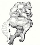 anthro barazoku butt claws eyewear feet finger_claws fur hindpaw lying male muscular muscular_anthro muscular_male nude nude_anthro nude_male paws solo sunglasses tail toe_claws pinumontbalou dislyte lilith_games freddy_(dislyte) canid canine canis mammal wolf absurd_res hi_res monochrome