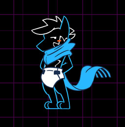 ambiguous_gender anthro black_body blue_scarf blush blush_stickers clothed clothing diaper dot_eyes hands_behind_back looking_back markings mohawk mouthless plantigrade scarf shy side_view simple_background simple_eyes solo standing star_(marking) wearing_diaper ire-k deltarune undertale_(series) ire_(ire-k) canid canine canis mammal wolf 2025 hi_res restricted_palette