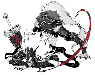 anthro armor ass_up bent_over claws clothed clothing digitigrade flexible fur headgear helmet jack-o'_pose male melee_weapon pose simple_background solo sword teeth tuft weapon white_background 454iss elden_ring fromsoftware maliketh_(elden_ring) canid canine canis mammal wolf 2022 dated hi_res meme signature
