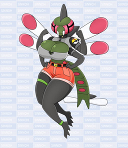 4_arms anthro big_breasts bottomwear breasts clothing female green_body level_ball multi_arm multi_limb pokeball pokemorph shirt shorts solo tail topwear wings urusee584 nintendo pokemon generation_4_pokemon pokemon_(species) yanmega absurd_res hi_res