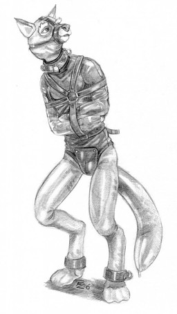 anthro bdsm biped black_collar bondage bound collar lock male muzzle_(object) muzzled padlock padlocked_collar restraints simple_background solo straitjacket submissive submissive_anthro submissive_male white_background foxzatt canid canine fox mammal 2006 hi_res monochrome traditional_media_(artwork)