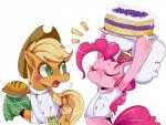 blonde_hair cake chef_hat clothing cowboy_hat cutie_mark dessert duo eyes_closed female food freckles green_eyes hair hat headgear headwear pastry pie pink_hair shirt simple_background topwear tower white_background hua113 friendship_is_magic hasbro my_little_pony applejack_(mlp) pinkie_pie_(mlp) earth_pony equid equine horse mammal pony 2014