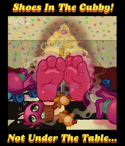 3_toes ambiguous_gender anthro barefoot beak bib blush duo embarrassed feathers feet female food foot_focus musk roller_skates shoes_removed sitting sitting_on_stool smelly smelly_feet smelly_shoes soles stink_fumes tablecloth text toes under_table x-ray_view yellow_body yellow_feathers blarf022 five_nights_at_freddy's five_nights_at_freddy's:_secret_of_the_mimic five_nights_at_freddy's:_security_breach scottgames steel_wool_studios cupcake_(fnaf) party_time_chica_(fnaf) animate_inanimate avian bird chicken food_creature galliform gallus_(genus) phasianid absurd_res english_text hi_res