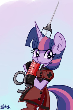 clothing female feral horn looking_at_viewer nurse_clothing nurse_uniform simple_background smile smiling_at_viewer solo syringe uniform applejackfl friendship_is_magic hasbro my_little_pony mythology twilight_sparkle_(mlp) equid equine mammal mythological_creature mythological_equine unicorn better_version_at_source