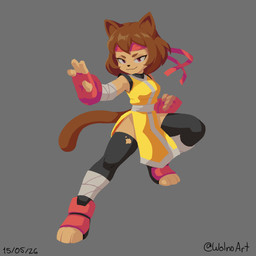 4_fingers accessory anthro breasts brown_body brown_hair eyebrows eyewear eyewear_on_head feet female fingers goggles goggles_on_head hair headband magenta_eyes smile solo whiskers wolno gameoverse glitch_productions kit_bodega domestic_cat felid feline felis mammal 1:1 2026 hi_res
