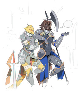 ambiguous_gender anthro arm_support armor axe band-aid band-aid_on_beak bandage beak bent_leg blush blush_lines brown_body brown_fur brown_hair closed_frown clothed clothed_anthro clothing crossed_arms duo elbow_on_shoulder eyes_closed frown fur hair melee_weapon mouth_closed one_eye_closed open_mouth open_smile smile speech_bubble sword tail weapon yellow_body notglacier noah_(notglacier) avian canid canine canis dinosaur domestic_dog hybrid mammal prehistoric_species reptile scalie 2020 absurd_res digital_drawing_(artwork) digital_media_(artwork) english_description hi_res