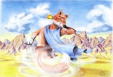 ambiguous_gender anthro blue_sky cloud elemental_manipulation holding_object holding_wand magic_user mountain sky solo spellcasting using_magic wand unicorn_(artist) world_of_fury canid canine fox mammal 2004 signature tagme