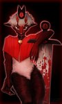 absurd_res anthro black_body black_fur blood blood_on_sword blood_on_weapon bodily_fluids bovid caprine crown cult_of_the_lamb fan_character fur goat hair half_naked headgear hi_res horizontal_pupils horn lamb_(cult_of_the_lamb) looking_at_viewer mammal massive_monster_(studio) melee_weapon pupils red_horn solo standing standing_position sword udjina weapon white_body white_fur white_hair