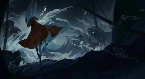 2_horns ambiguous_gender biped black_eyes cloak clothed clothing empty_eyes fingers holding_melee_weapon holding_object holding_weapon horn melee_weapon outside red_cloak red_clothing sea solo standing water weapon momosannnnnnn hollow_knight:_silksong hollow_knight_(franchise) team_cherry hornet_(hollow_knight) arthropod 2025 hi_res female_(lore)