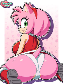abstract_background accessory anthro big_breasts big_butt black_nose boots breasts butt camel_toe clothed clothing dress eyelashes female footwear green_eyes hair hair_accessory hairband kneeling lipstick looking_at_viewer makeup open_mouth open_smile panties pink_hair rear_view red_clothing red_dress shoes short_hair smile solo teeth text thick_thighs tongue underwear white_clothing white_panties white_underwear nyazuliart sega sonic_the_hedgehog_(series) amy_rose eulipotyphlan hedgehog mammal 2026 3:4 absurd_res artist_name hi_res