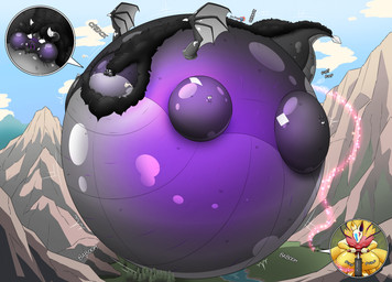 air_inflation belly_blush black_body black_fur blush blushing_profusely body_blush close-up close_to_bursting creaking evergreen_tree fur horn hose hose_in_butt hose_inflation hyper hyper_inflation inflation logo magic_inflation motion_lines mountain onomatopoeia plant sound_effects sunken_head sunken_limbs text tree water blaueseele mythology dragon mythological_creature mythological_scalie scalie 2026 artist_logo dated hi_res