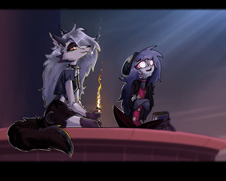 anthro beak black_beak black_hair cigarette clothed clothing collar dialogue duo eyelashes female fingers grey_hair hair inner_ear_fluff long_hair open_beak open_mouth open_smile pink_sclera red_sclera scene_interpretation smile spiked_collar spikes text tuft white_eyes piickll hellaverse helluva_boss mythology loona_(helluva_boss) octavia_(helluva_boss) avian canid canid_demon canine demon hellhound mammal mythological_canine mythological_creature owl_demon 2022 english_text hi_res