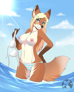 anthro blonde_hair blue_eyes breasts camel_toe clothed clothing female hair looking_at_viewer nipples simple_background solo topless undressing water lunarii third-party_edit canid canine fox mammal 4:5 digital_media_(artwork) shaded source_request