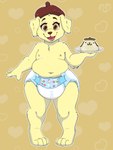 anthro beret clothed clothing dessert diaper food happy hat headgear headwear holding_object looking_at_viewer male pattern_background plate pudding simple_background solo wearing_diaper wetness_indicator stargal_galexi cinnamoroll sanrio pompompurin_(character) 3:4 full-length_portrait hi_res portrait