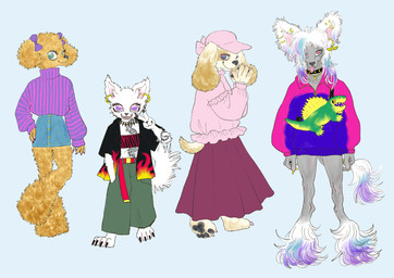 accessory alternative_fashion anthro bottomwear bow_(feature) bow_accessory bow_ribbon claws clothed clothing collar denim denim_clothing ear_piercing ear_ring female fluffy fur furgonomics gesture grey_body group hair hair_accessory hair_bow hair_ribbon hand_gesture hat headgear headwear hoodie jacket looking_at_viewer pants pawpads paws piercing purple_eyes ribbons ring_piercing shirt simple_background skirt smile standing sweater tail teeth text text_on_clothing tongue tongue_out topwear tuft white_body white_fur white_hair kyokyota bird_dog canid canine canis cavalier_king_charles_spaniel chihuahua domestic_dog hunting_dog mammal poodle spaniel spitz toy_dog 2019 absurd_res digital_drawing_(artwork) digital_media_(artwork) hi_res