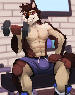 abs anthro bench biceps big_muscles big_pecs black_body black_fur boots bottomwear brown_body brown_fur bulge clothing exercise flexing flexing_bicep flexing_muscles footwear fur gym kemono locker_room male muscular muscular_male pecs shirtless shoes shorts smile smiling_at_viewer smirk smirking_at_viewer solo vein white_body white_fur workout vitaly4321 elzix_(elzix) canid canine canis mammal wolf absurd_res hi_res