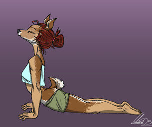 all_fours anthro bottomwear clothing female hair red_hair shirt shorts side_view solo stretching tank_top tied_hair topwear transformation yoga vilestest deer human mammal 2025