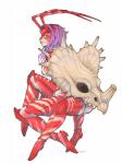 antennae_(anatomy) blue_eyes bone breasts female hair looking_at_viewer multi_leg multi_limb non-mammal_breasts purple_hair simple_background skull solo taurification taurified white_background iggi capcom monster_hunter arthropod arthropod_taur carapaceon crustacean crustacean_taur hermitaur marine marine_taur taur marker_(artwork) traditional_media_(artwork)