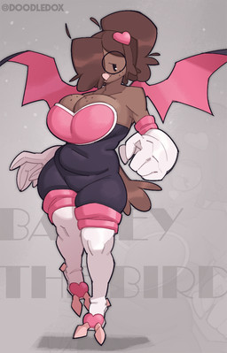 anthro armwear bat_wings beak big_breasts black_bodysuit black_clothing black_skinsuit bodysuit boots breasts brown_body brown_feathers brown_hair cartoon_freckles cleavage clothed clothing cosplay elbow_gloves eyewear feather_hands feathers feet female footwear freckled_breasts freckled_face freckles furgonomic_footwear furgonomics glasses gloves grey_background hair hair_over_eye handwear heart_accessory heart_hair_accessory legwear membrane_(anatomy) membranous_wings navel_outline ponytail round_glasses shoes simple_background skinsuit solo talons text thigh_boots thigh_highs tight_clothing toes white_clothing white_gloves white_handwear white_legwear white_thigh_boots white_thigh_highs wings doodledox sega sonic_the_hedgehog_(series) bailey_(doodledox) rouge_the_bat avian bird 2024 character_name