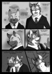 anthro blackmailz canid canine canis clothing comic dialogue domestic_dog drunk duo english_text felid fur gray_(blackmailz) greyscale hector_(blackmailz) hi_res male mammal monochrome pantherine substance_intoxication text tiger