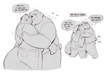 :3 anthro blush dialogue duo eye_scar facial_scar hug hugging_another male male/male notched_ear overweight overweight_male patting_back scar smile speech_bubble tail tail_motion tailwag text krunnnnnch animal_crossing mihoyo nintendo zenless_zone_zero ben_bigger tom_nook_(animal_crossing) bear canid canine mammal raccoon_dog tanuki 2024 english_text greyscale monochrome