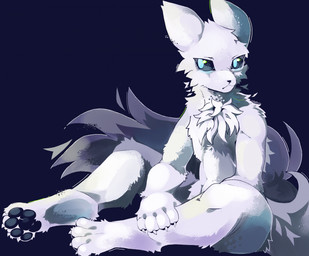 4_toes 5_fingers :< ambiguous_gender anthro arm_tuft big_ears big_tail biped black_background black_nose black_pawpads black_sclera blue_eyes cheek_tuft claws countershade_fur countershading digitigrade eyebrows facial_tuft feet finger_claws fingers fluffy fluffy_chest fluffy_tail fur glowing glowing_eyes head_tuft hindpaw holding_leg leg_tuft looking_at_viewer markings nude on_ground pawpads paws pivoted_ears shoulder_tuft simple_background sitting snout solo tail tail_tuft toes tuft whisker_markings whiskers white_body white_claws white_fur white_tail teppuko casualties:_unknown gunsaw canid canine gunsawian hybrid mammal milky_(gunsawian) 2026 digital_drawing_(artwork) digital_media_(artwork) hi_res portrait shaded