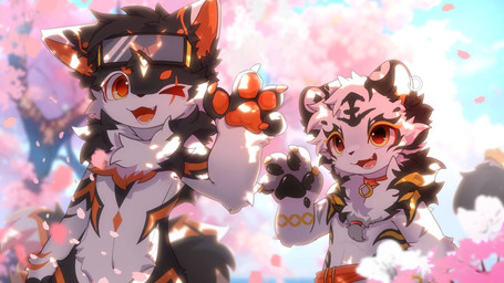 anthro bell bell_collar black_body black_eyes black_fur cherry_blossom collar duo eyewear eyewear_on_head flower fur goggles goggles_on_head male multicolored_eyes nude_anthro nude_male one_eye_closed orange_eyes plant prunus_(flower) slim_anthro slim_male white_body white_fur yellow_eyes hlg7777 canid canine felid fox mammal pantherine tiger 2024