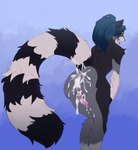 anthro anus backsack balls bent_legs bodily_fluids chastity_cage chastity_device cum cum_inside cum_while_chaste gaping gaping_anus genital_fluids genitals hands_on_knees hands_on_legs leaking_cum long_tail male markings perineum pink_chastity_cage ring_(marking) ringed_tail solo striped_markings striped_tail stripes tail tail_markings wunp frito_(hiddenshadow55) mammal procyonid raccoon absurd_res hi_res