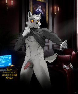 alert anthro balls bite biting_lip blurred_background bodily_fluids clock clothed clothing computer dim_lighting distressed electronics erection fluffy frantic front_view genitals inside laptop longsleeve looking_aside lube_bottle male mansion penis pubes raised_clothing raised_topwear solo speech_bubble sweat sweatdrop tail text tissue topwear walkie-talkie watch wristwatch mblaze epic_games fortnite fletcher_kane canid canine canis mammal wolf digital_drawing_(artwork) digital_media_(artwork) english_text hi_res