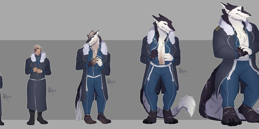 4_fingers 4_toes 5_fingers anthro barefoot biped black_body black_clothing black_fur blue_clothing boots bottomwear chest_tuft claws clothed clothing coat feet fingers footwear front_view fully_clothed fur grey_background hair human_to_anthro male multiple_poses pants pose scar shoes simple_background size_difference solo species_transformation standing tail tail_tuft toes topwear transformation tuft white_body white_fur redpixie antarctic_state_of_cyberia riku_tavash human mammal sergal 2018 absurd_res hi_res signature