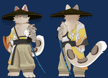 anthro asian_clothing brown_body brown_fur clothing eyes_closed fur hat headgear headwear kaminari_(solis) kemono male melee_weapon solo standing sword tail tattoo weapon rexbucket felid mammal pantherine snow_leopard absurd_res alpha_channel hi_res