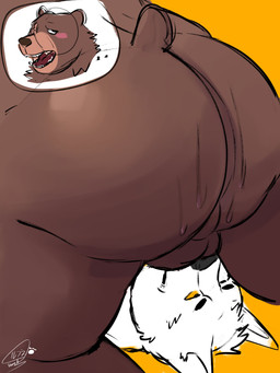 anthro backsack balls balls_on_face big_butt blush bodily_fluids brown_body brown_fur butt duo embarrassed facesitting fur genitals male male/male overweight overweight_male simple_background sitting_on_another sweat tail white_body white_fur yellow_background yellow_eyes kumathedogbear mihoyo zenless_zone_zero ben_bigger bear canid canine canis mammal thiren wolf 2025 3:4 absurd_res hi_res