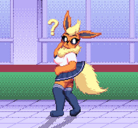 anthro anthrofied blush bottomwear breasts clothed clothing cosplay female fur hair looking_at_viewer orange_body orange_fur pokemorph question_mark school_uniform shirt skirt solo tail topwear uniform zeka10000 nintendo pokemon eeveelution flareon generation_1_pokemon pokemon_(species) digital_media_(artwork) pixel_(artwork)