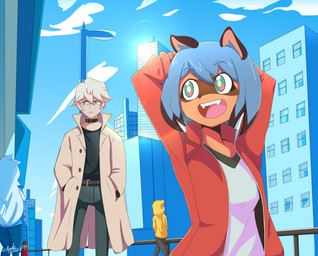 anthro collar duo female male aonoexorcist100 brand_new_animal studio_trigger michiru_kagemori shirou_ogami canid canine human mammal raccoon_dog tanuki hi_res tagme