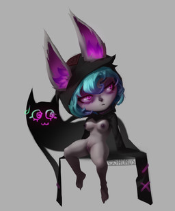 animal_ears animal_nose areola big_ears black_clothing black_hoodie black_nose black_topwear bottomless breasts clothed clothing eyelashes feet female genitals green_hair grey_background hair hoodie inner_ear_fluff long_sleeves nipples purple_areola purple_eyes purple_nipples short_hair shortstack simple_background sitting solo thick_thighs topwear tuft vulva wide_hips horustheblind league_of_legends riot_games tencent vex_(lol) humanoid yordle