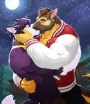 anthro blush blush_lines brown_body brown_fur brown_hair claws clothing duo fence finger_claws five_o'clock_shadow forest fur hair hand_on_back hand_on_cheek hug jacket kissing letterman_jacket light male male/male moon moonlight multicolored_body multicolored_fur muscular muscular_anthro muscular_male one_eye_closed outside plant purple_body purple_clothing purple_fur purple_hair purple_shirt purple_topwear red_clothing red_jacket red_topwear romantic romantic_ambiance shirt sky standing star starry_sky topwear tree two_tone_body two_tone_fur white_body white_fur white_sleeves yellow_body yellow_fur titandraugen after_class gil_(after_class) gilbert_learnard walter_(after_class) walter_graham canid canine canis domestic_dog german_shepherd herding_dog mammal pastoral_dog wolf 2022 hi_res watermark