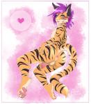 anthro anus backsack balls biped blue_eyes butt eyelashes eyeliner femboy fur genitals hair half-erect heart_symbol humanoid_genitalia humanoid_penis looking_back lying makeup male nipples nude on_side orange_body orange_fur penis pose purple_hair solo speech_bubble striped_body striped_fur stripes ghostblanketboy felid mammal pantherine tiger absurd_res hi_res