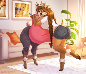 anthro antlers big_breasts blue_eyes bodily_fluids bottomwear braided_hair breasts brown_antlers brown_hair clothed clothing crying duo female fur green_eyes grey_bottomwear grey_clothing grey_hotpants grey_pants grey_shorts hair holding_pregnancy_test horn hotpants hug huge_breasts inside open_mouth open_smile orange_body orange_fur pants plant plant_pot potted_plant pregnancy_test red_clothing red_shirt red_t-shirt red_topwear shirt shorts smile standing t-shirt tan_antlers tears tears_of_joy text topwear white_body white_clothing white_fur white_shirt white_t-shirt white_topwear tiggybloom mom_(rawk_manx) olive_(rawk_manx) deer mammal 2021 artist_name dated hi_res daughter_(lore) mother_(lore) mother_and_child_(lore) mother_and_daughter_(lore) parent_(lore) parent_and_child_(lore) parent_and_daughter_(lore)