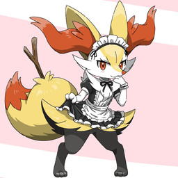 3_fingers 3_toes ambiguous_anthro ambiguous_gender anthro apron arm_tuft big_ears big_tail biped black_body black_fur blush blush_lines bottomless bottomless_ambiguous bottomless_anthro bottomwear bow_ribbon bracelet cheek_tuft chest_tuft clothed clothing digitigrade dipstick_tail dress eyelashes facial_tuft feet fingers fur inner_ear_fluff jewelry looking_at_viewer maid_headdress maid_uniform markings multicolored_body multicolored_fur object_in_tail on_model orange_body orange_eyes orange_fur orange_nose orange_tail partially_clothed_ambiguous partially_clothed_anthro pointy_ears pointy_nose pose prick_ears shoulder_tuft skirt smile snout solo standing stick stick_in_tail tail tail_markings toes tuft two_tone_tail uniform white_body white_fur yellow_body yellow_fur yellow_tail noye nintendo pokemon braixen canid generation_6_pokemon mammal pokemon_(species) 1:1 2026 aliasing colored detailed digital_drawing_(artwork) digital_media_(artwork) full-length_portrait hi_res japanese_description portrait shaded translated_description