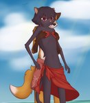 anthro black_body black_fur blush breasts clothing cloud duo female fur hair holding_breast long_hair male male/female outside shy skinny sky submissive submissive_female swimwear water whiskers cdt2s snowflake_(cdt2s) canid canine domestic_cat felid feline felis fox mammal red_fox true_fox hi_res