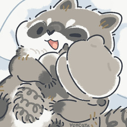 bed black_eyes black_nose chibi dot_eyes feral furniture grey_body hug lying one_eye_closed plushie simple_eyes solo white_body yencatx mammal procyonid raccoon 1:1 2022