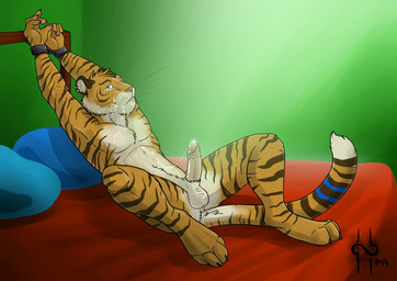 2014 animal_genitalia balls bed blue_stripes bound brandon cum cum_on_self ear_piercing feline feline_penis hufnaar humanoid_penis looking_at_viewer male mammal nude penis piercing stripes tiger
Rating: Explicit
Score: 12
User: APimpFromBuffalo
Date: April 02, 2014