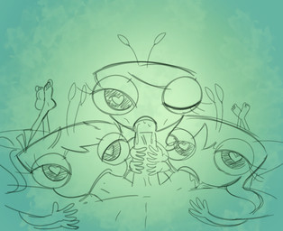 4_arms antennae_(anatomy) anthro ball_suck fellatio female first_person_view group hair half-closed_eyes heart_eyes heart_symbol looking_at_another looking_at_partner male male/female male_pov multi_arm multi_limb narrowed_eyes one_eye_closed oral penile sex sucking 4chan_anon unknown_artist disney the_buzz_on_maggie background_character arthropod insect lepidopteran moth 2025